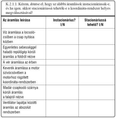 Áramlások instacionáriusságának és stacionáriussá tehetőségének vizsgálata Táblázat különböző áramlások instacionáriusságának és stacionáriussá tehetőségének vizsgálatáról.