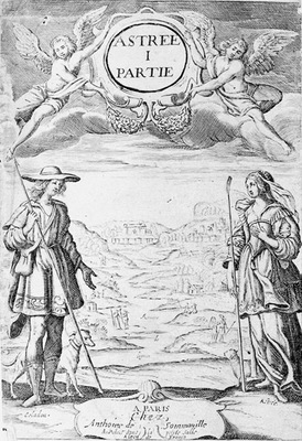 Régi könyv borítója angyalokkal, Céladon és Astrée alakokkal, táj háttérben.