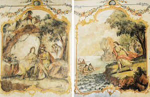 Két barokk stílusú falfestmény romantikus jelenetekkel természetes környezetben.