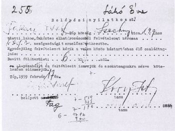 Belépési nyilatkozat Lákó Éva 1959 Belépési nyilatkozat, amelyet Lákó Éva töltött ki 1959-ben a mezőgazdasági termelőszövetkezetbe való belépéshez.