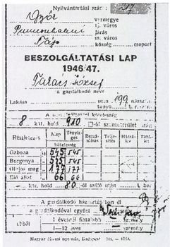 1946-47-es beszolgáltatási lap Farkas József részére 1946-47-es beszolgáltatási lap, Farkas József gazdálkodó adatai és termények beszolgáltatási kötelezettségei.