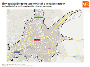 Bevásárlóközpont versenytársai a vonzáskörzetben Térkép egy bevásárlóközpont versenytársairól a vonzáskörzetben, autós elérési zónával.