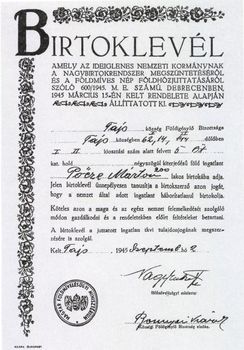 Birtoklevél 1945-ből a földosztásról Tajó községben Birtoklevél 1945-ből, amely a földosztásról szóló rendelet alapján készült Tajó községben.