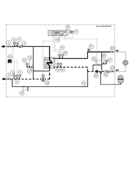Blokk hőközpont hidraulikai kapcsolási rajza különböző elemekkel és csővezetékekkel.