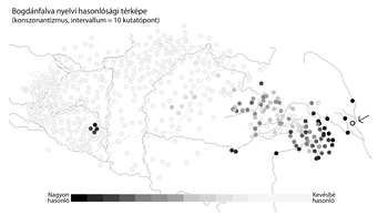 Bogdánfalva nyelvi hasonlósági térképe konzonantizmus alapján, 10 kutatópont intervallummal.