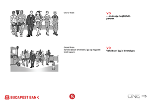 Budapest Bank - Megbízható partner a vállalkozásban Különböző karakterek a Budapest Bank logóval, megbízható partner fontossága a vállalkozásban.