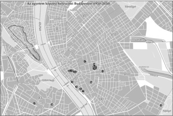 Térkép Budapest egyetemi képzési helyszíneiről 1920 és 2020 között, különböző kerületek és közlekedési csomópontok megjelölésével.