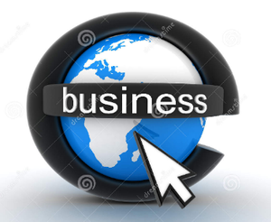 A földgömb körül egy fekete 'e' betű, rajta 'business' felirat, előtte kurzor.