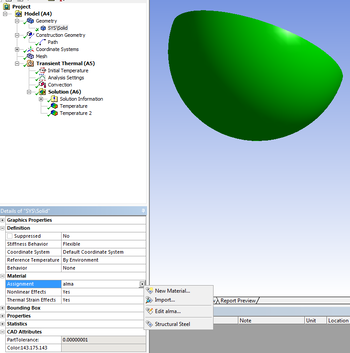 CAD szoftver felület zöld 3D modellel CAD szoftver felület, zöld 3D modell, projekt struktúra és anyag tulajdonságok láthatók.
