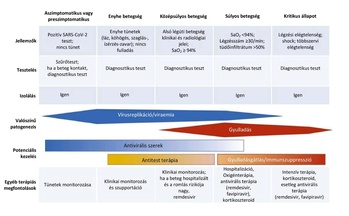 COVID-19 betegség különböző súlyossági fokozatai, jellemzők, tesztelés, izolálás, patogenezis, kezelési lehetőségek és terápiás megfontolások.