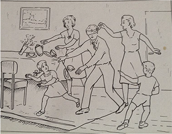 Családi játék vak kereséssel Család vak keresés játék közben, gyerekek elkerülik az apát, anya segít neki.