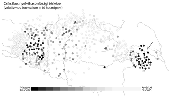 Csíkrákos nyelvi hasonlósági térképe Csíkrákos nyelvi hasonlósági térképe, különböző színű pontokkal jelölve a hasonlóság mértékét.