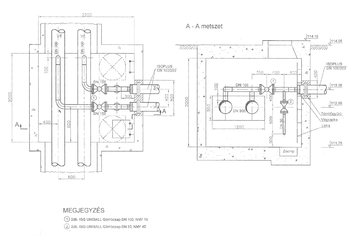 Csővezeték metszeti rajza, különböző átmérőjű csövek és gömbcsapok láthatók.