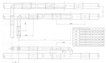 Csővezeték rendszer műszaki rajza, különböző csomópontok és méretek láthatók.