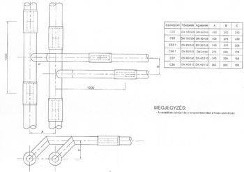 Csővezeték rendszer műszaki rajza, amely különböző csomópontokat és méreteket mutat be, jelmagyarázattal.