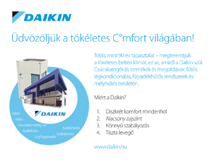 Daikin reklámanyag, amely a tökéletes beltéri klímát és a cég termékeit mutatja be, mint fűtés, légkondicionálás.