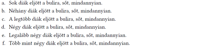 Diákok bulira mentek - különböző állítások Különböző állítások arról, hány diák ment el a bulira, mindannyian eljöttek.