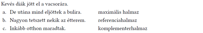 Diákok vacsorára való részvétele és halmazok Szöveg a diákok vacsorára való részvételéről és három halmaztípusról: maximális, referencia, komplementer.