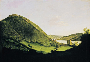 Festmény egy dombos tájról, háttérben folyóval és romos épületekkel.