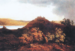 Festmény egy dombtetői várról, buja növényzettel és tóval a háttérben.