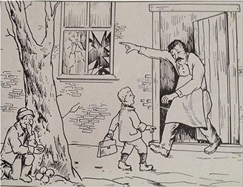 Dühös férfi mutat egy kisfiúra törött ablak előtt Rajz egy dühös férfiról, aki mutat egy kisfiúra, miközben egy másik fiú a fa mellett ül. Az ablak be van törve.