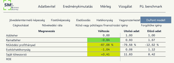 Pénzügyi elemzés táblázat a DuPont modell alapján, különböző mutatókkal, mint adóteher, kamatteher, működési profithányad, eszközhatékonyság, saját tőkeszorzó és ROE.