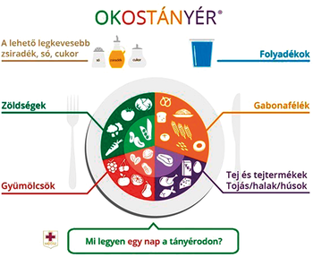 Az Okostányér koncepció bemutatja az egészséges táplálkozás alapelveit, különböző élelmiszercsoportok arányával a tányéron.