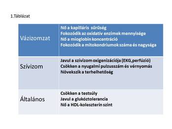 Egészségügyi hatások táblázata Táblázat a vázizomzat, szívizom és általános egészségügyi hatásokról, mint kapilláris sűrűség, oxigenizáció és testsúly csökkenés.