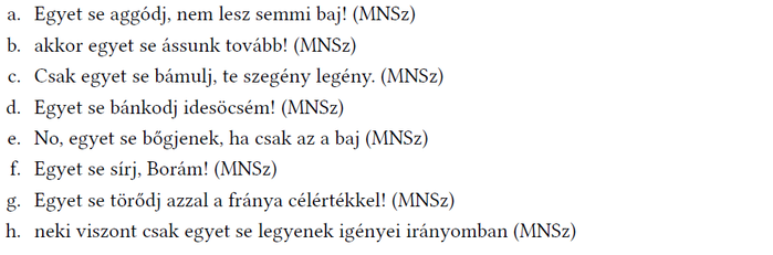 Egyet se mondatok MNSz rövidítéssel Különböző mondatok az 'egyet se' kifejezéssel, MNSz rövidítéssel ellátva.