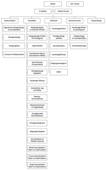 Egyetemi kar szervezeti felépítése Egyetemi kar szervezeti felépítése, bemutatva a dékán, prodékán, dékáni hivatal, kari tanács, szakosztályok, tanszékek, intézetek, szemináriumok és tangazdaság közötti kapcsolatokat.