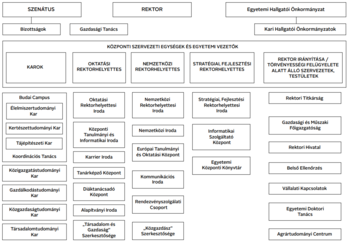Egyetemi szervezeti struktúra Egyetemi szervezeti struktúra, amely bemutatja a szenátus, rektor, karok és központi egységek elrendezését.