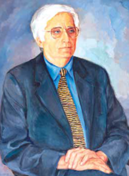 Elegáns férfi öltönyben festmény Elegáns férfi sötét öltönyben, kék ingben és mintás nyakkendőben festményen