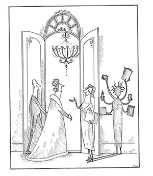 Elegáns eseményen résztvevő emberek belépnek egy ajtón, miközben egy fotós és egy újságíró dokumentálja az eseményt.