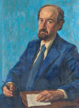 Elegáns férfi festmény öltönyben, tollal és papírral Festmény egy elegáns öltönyben ülő férfiról, aki egy asztalnál ül, kezében tollal és papírral.