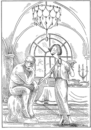 Elegáns nő koktélpartin beszélget Rodin Gondolkodó szobrának másolatával, csillár és gyertyák háttérben.