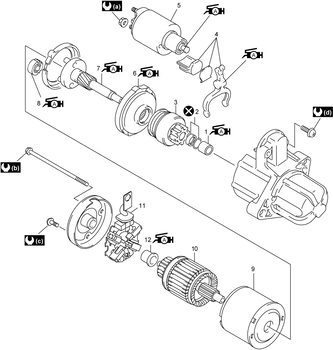 Elektromos motor robbantott ábrája, különböző alkatrészek és összeszerelési sorrend.