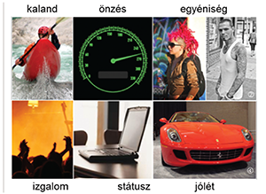 Életstílusok és értékek: kaland, önzés, egyéniség Különböző életstílusokat és értékeket ábrázoló képek: kaland, önzés, egyéniség, izgalom, státusz, jólét.