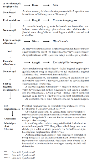 Elsősegélynyújtási folyamat eszméletlen személyek ellátásához, lépésekkel és feliratokkal.
