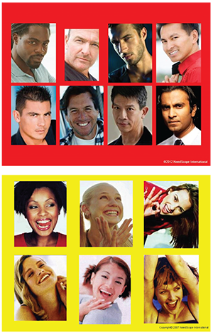 Emberek piros és sárga háttérrel, NeedScope International Különböző emberek piros és sárga háttérrel, NeedScope International copyright felirattal