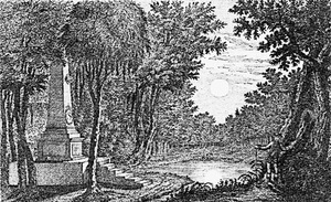 Erdős táj, középen egy tóval, bal oldalon egy obeliszkkel, háttérben a nap vagy a hold.