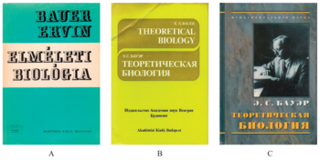Három könyvborító Ervin Bauer 'Elméleti Biológia' című művéhez, különböző nyelveken.