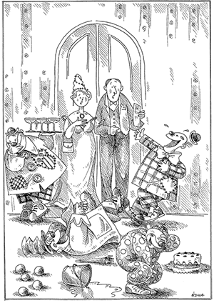 Esküvői bohócok szórakoztatják a vendégeket Esküvői jelenet bohócokkal, akik szórakoztatják a vendégeket pezsgővel és tortával.