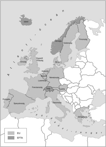 Európa térképe, amely az EU és EFTA tagállamokat mutatja, országok neveivel.