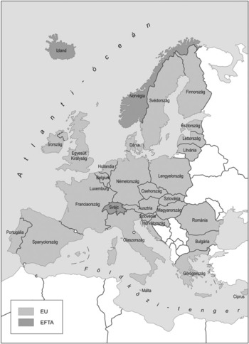 Európa térképe, amely az EU és EFTA tagállamokat mutatja, jelmagyarázattal.