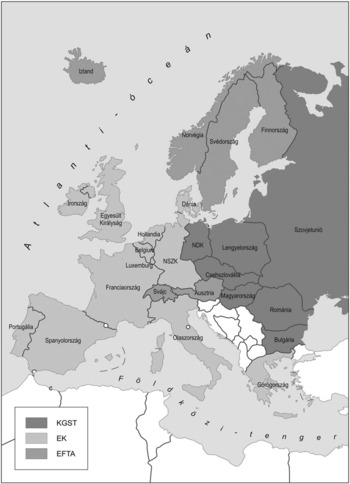 Európa térképe, KGST, EK és EFTA országok különböző színekkel jelölve.