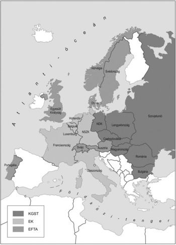 Európa térképe, amelyen a KGST, EK és EFTA országok különböző színekkel vannak jelölve.