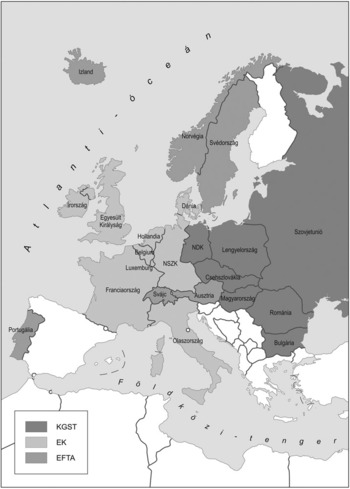 Európa térképe, országok különböző gazdasági szervezetek szerint színezve: KGST, EK, EFTA.