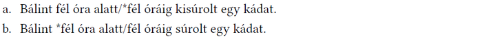 Fél óra alatt vs fél óráig - nyelvtani példák Két mondat, amelyek a 'fél óra alatt' és 'fél óráig' kifejezések helyes használatát mutatják be.