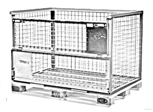 Fém rácsos konténer, amely egy EUR raklapon helyezkedik el, feliratokkal: EUR, MAV.