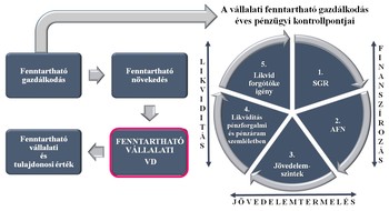 Diagram a fenntartható vállalati gazdálkodás pénzügyi kontrollpontjairól és növekedési folyamatáról.